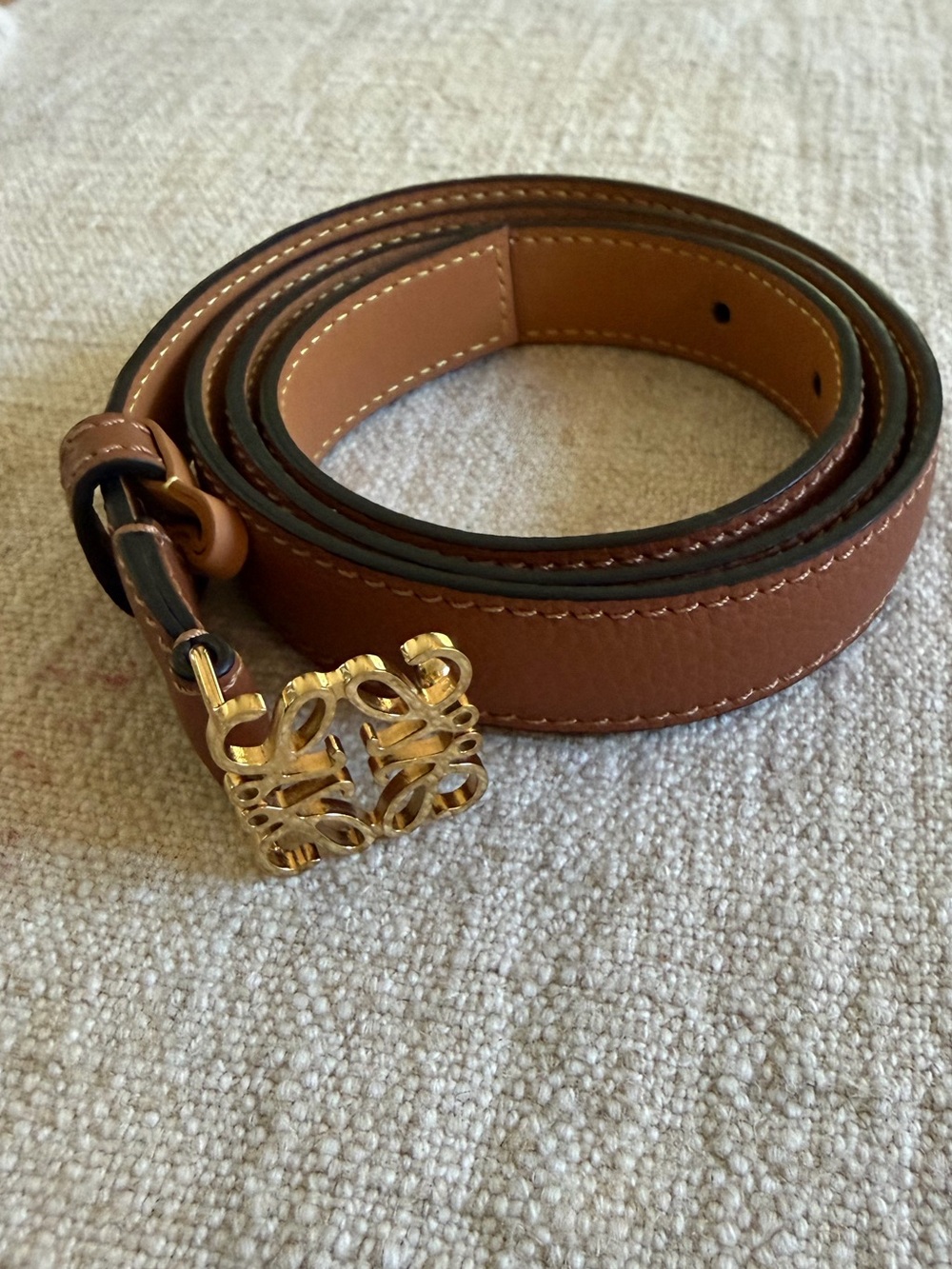 LOEWE Tan Brown Leather Anagram Logo Belt Gold Buckle Size 80/32